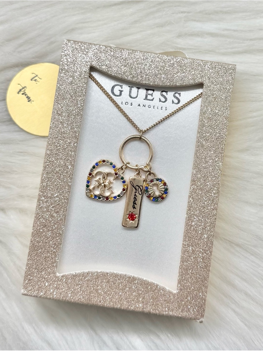 GUESS Gold-tone Charm Necklace with 3 Charms Includes Gift Box New in Box